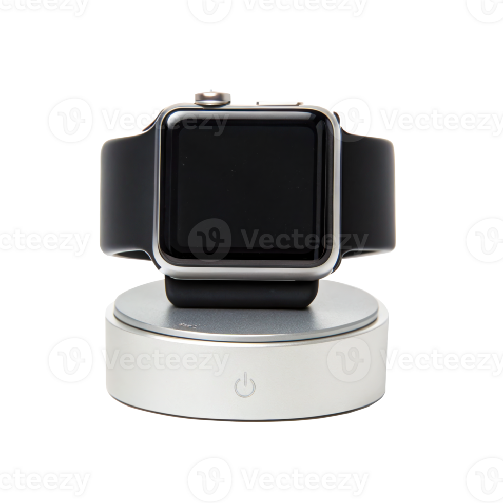 Smartwatch charging on wireless dock with transparent background png