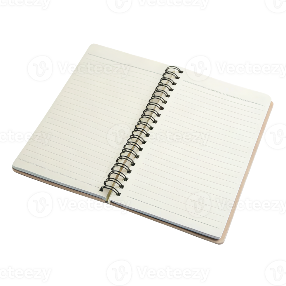 Open spiral bound notebook showing blank pages on transparent background png