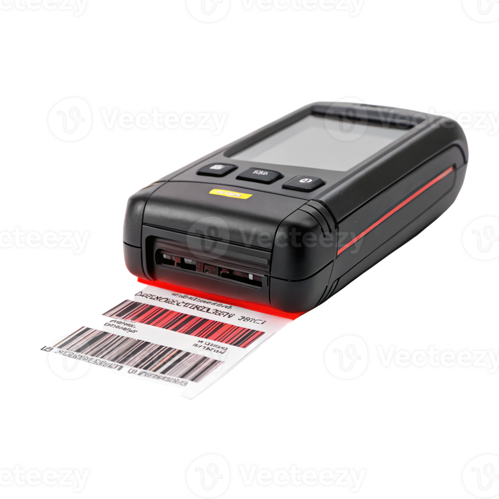 Barcode scanner reading label with red laser on transparent background png