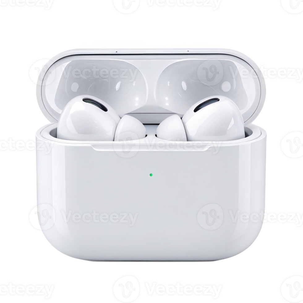 White wireless earbuds charging in open case on transparent background png