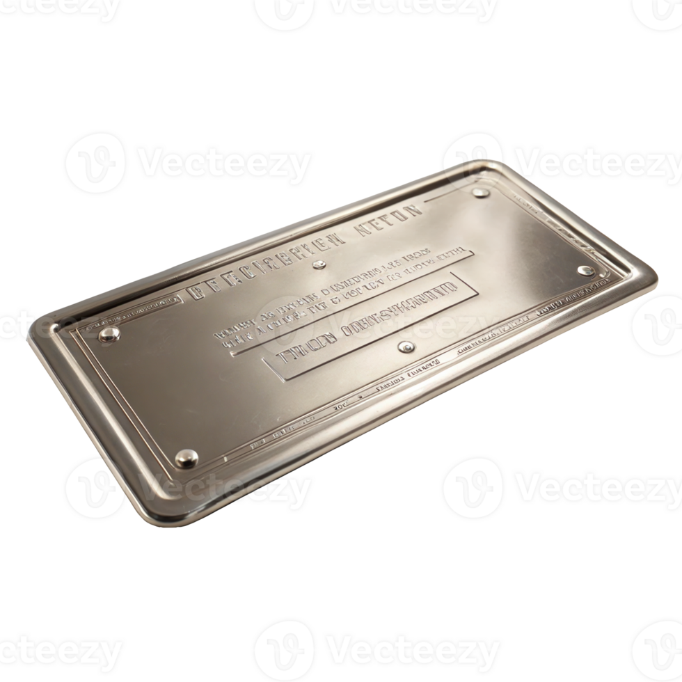Embossed metal plate showing registration information on transparent background png