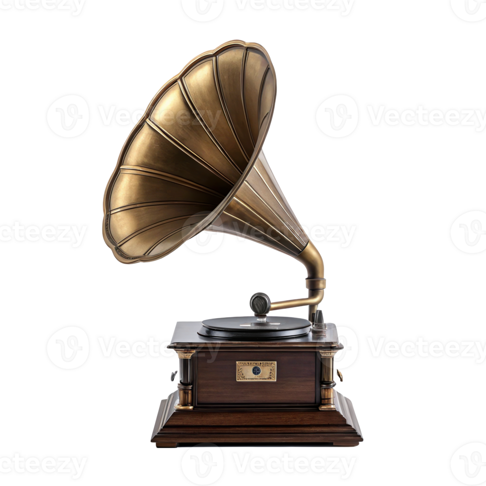 Vintage gramophone with large horn isolated on transparent background png