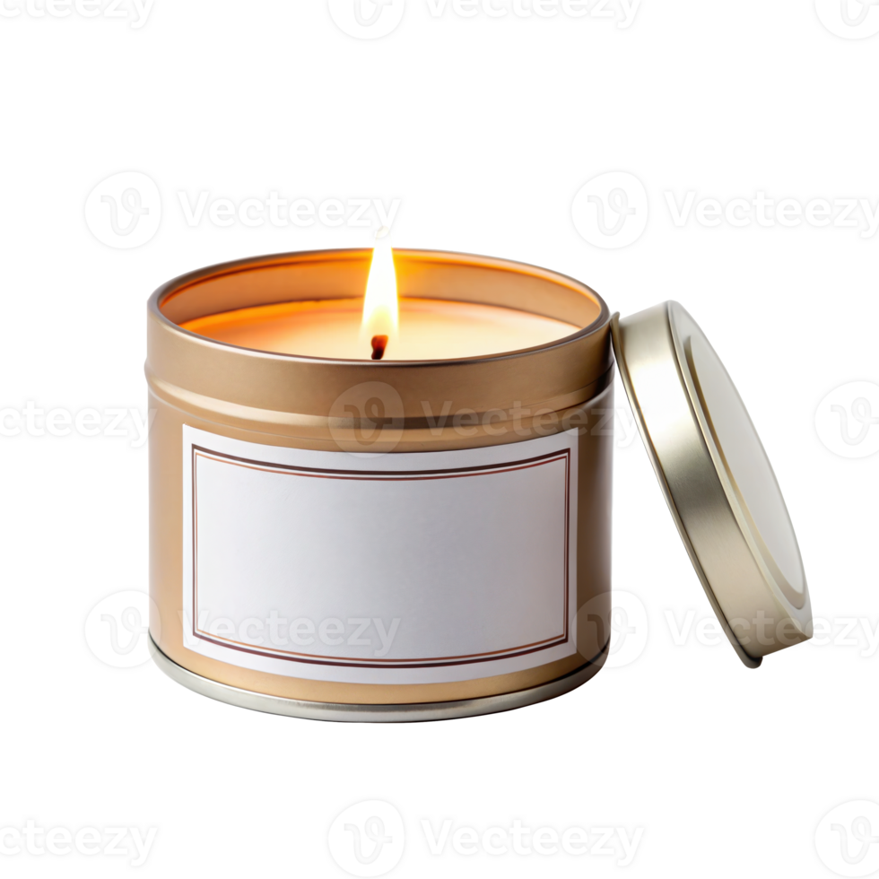 Golden scented soy candle burning with blank label on transparent background png