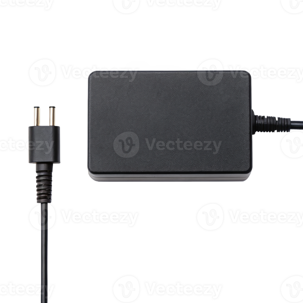 Black laptop charger brick with cable, isolated on transparent background png