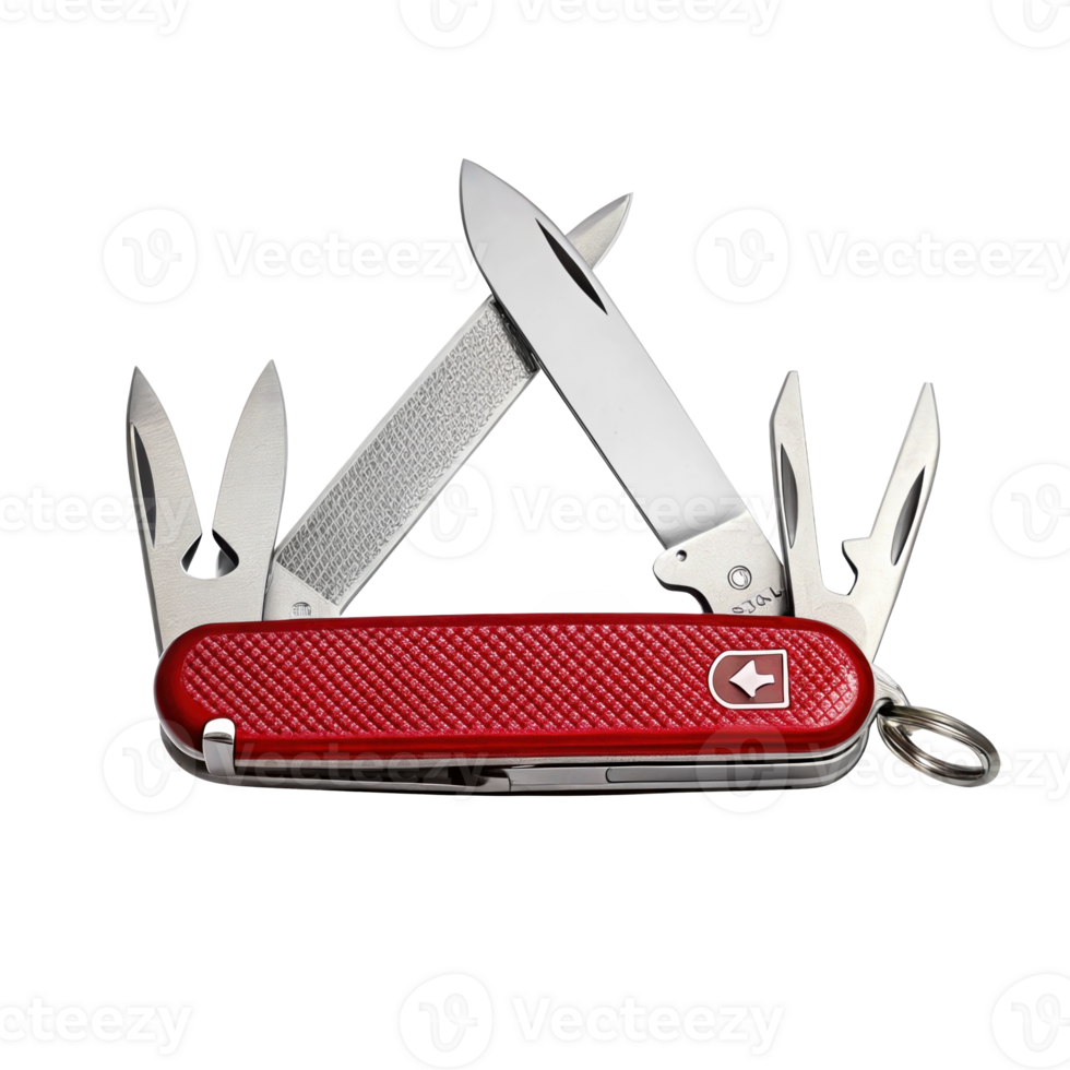 Red multi tool pocketknife open showing tools on transparent background png