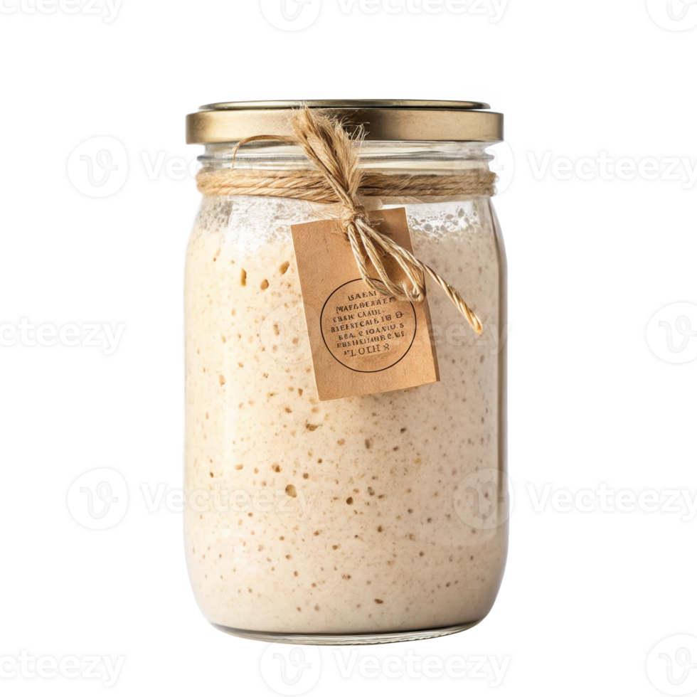 Glass jar containing active sourdough starter on transparent background png