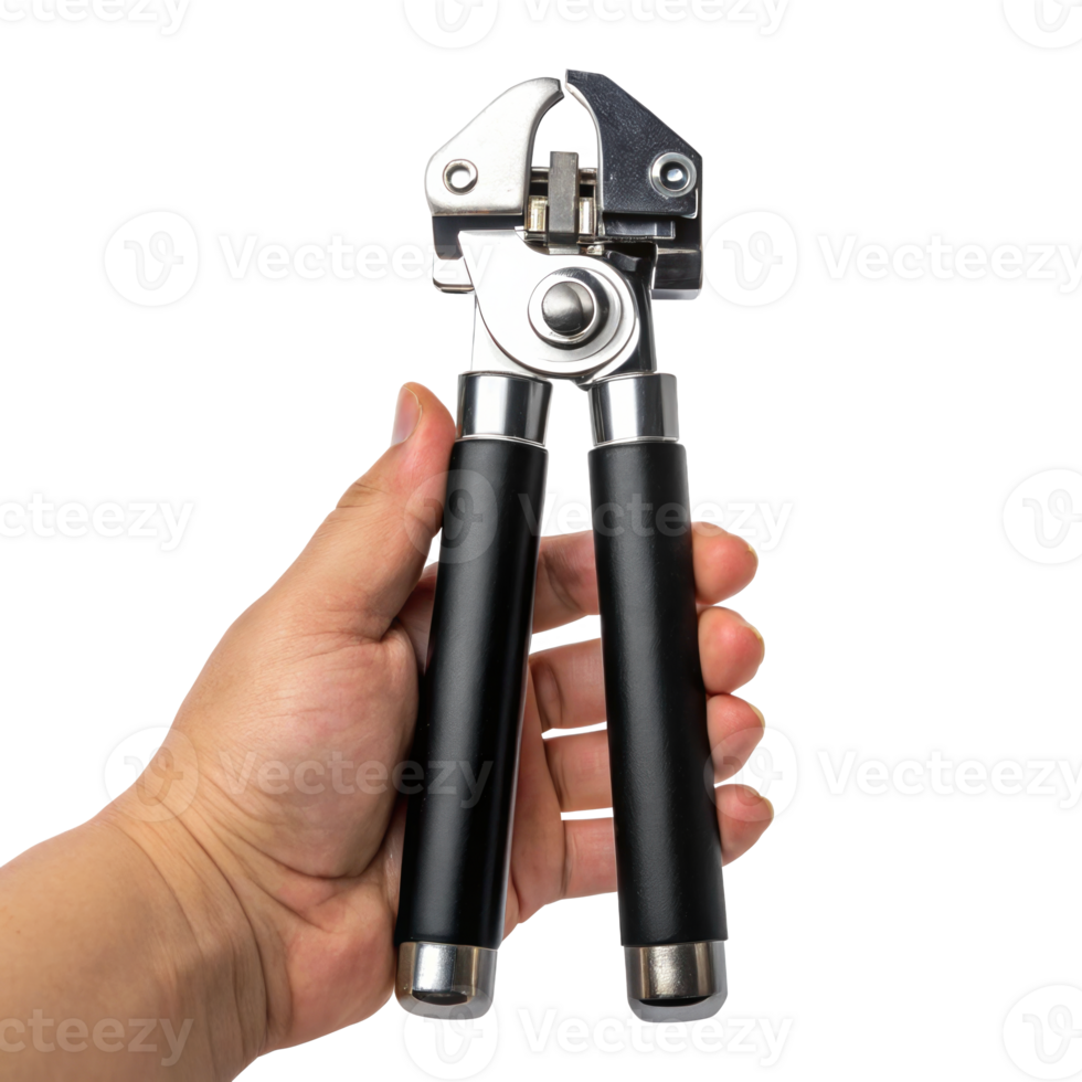 Hand holding can opener with black handles on transparent background png