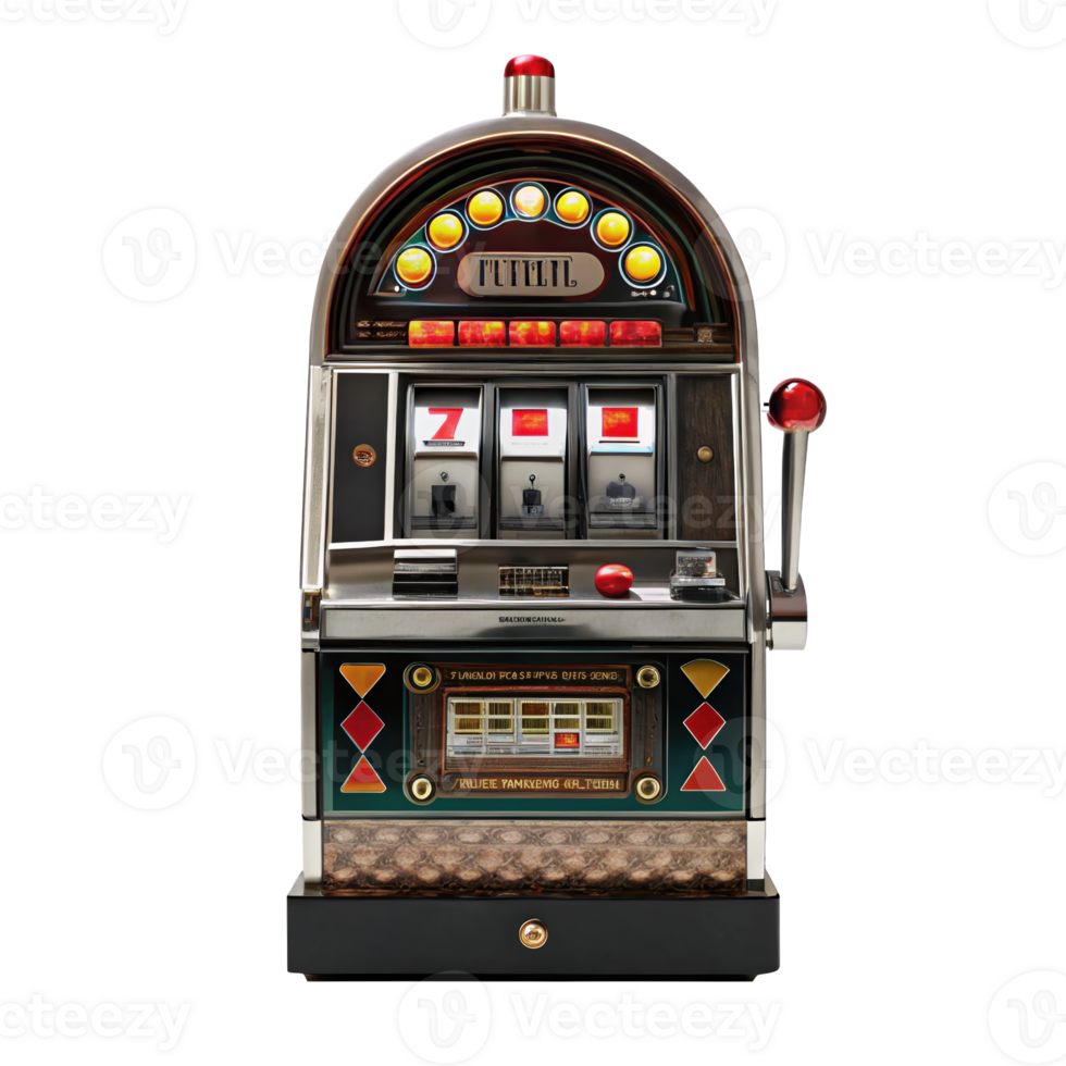 Vintage slot machine showing almost winning combination on transparent background png