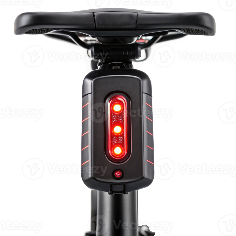 Smart bike radar tail light mounted on a bicycle seatpost, isolated on white background with transparency png