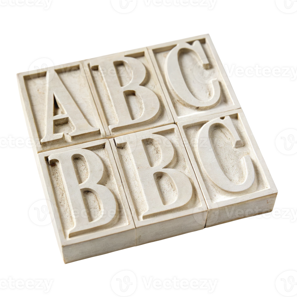 Vintage letterpress printing blocks showing abc letters on transparent background png