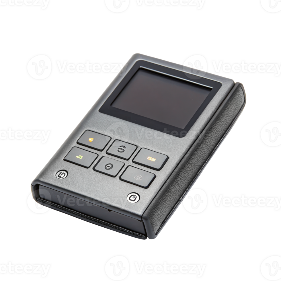 Hardware wallet for cryptocurrency showing blank screen and buttons on transparent background png