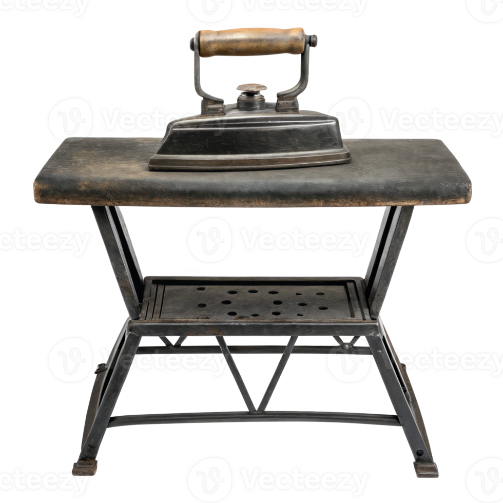 Antique coal heated iron resting on ironing board with transparent background png