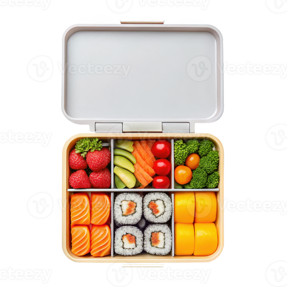 Healthy bento lunch box filled with sushi, salmon, fruits and vegetables on transparent background png