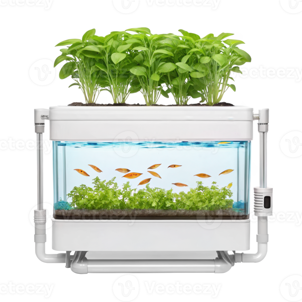 Aquaponics system growing plants and raising fish in a transparent background png
