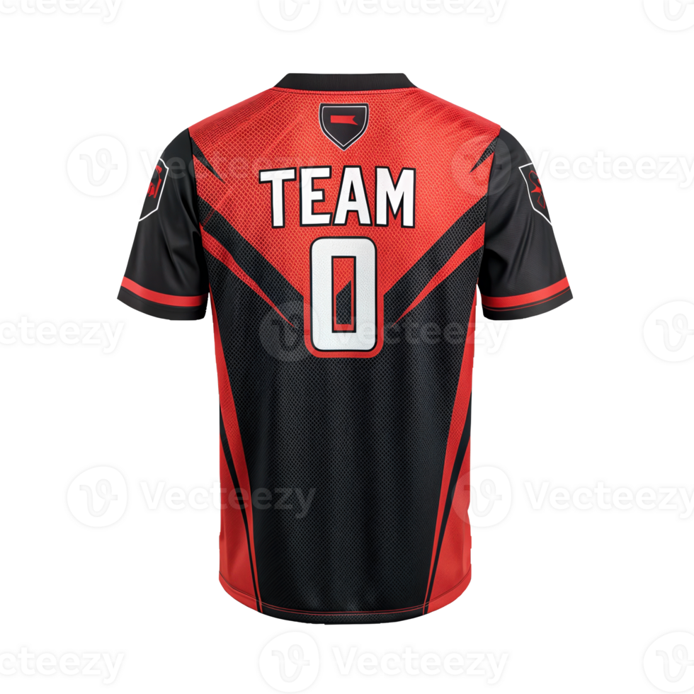 Red and black esports jersey mockup featuring team zero on transparent background png