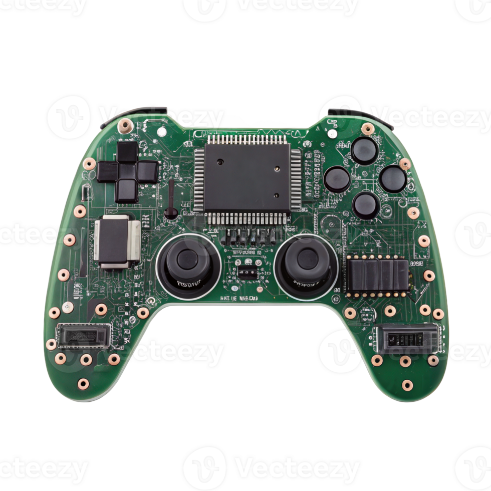 Green circuit board shaped like game controller isolated on transparent background png