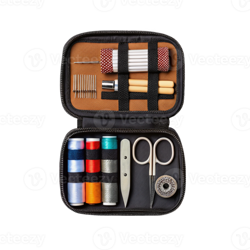 Sewing kit with scissors, needles, spools of thread, and other tools on transparent background png