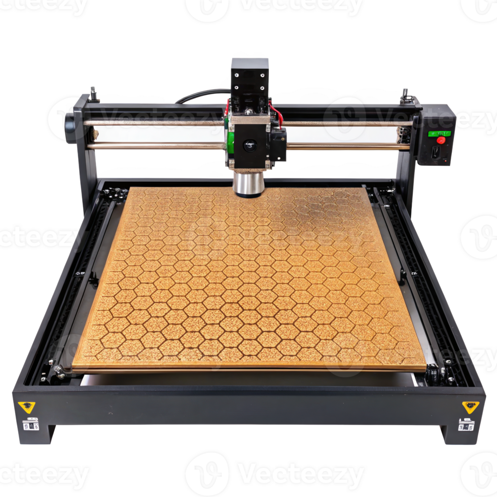 Laser engraver working on honeycomb bed, isolated on white background with transparency png