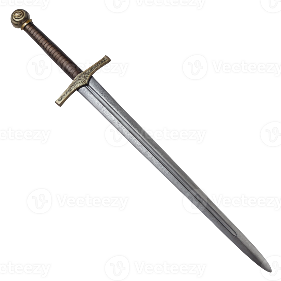 Medieval sword with brown hilt on transparent background png