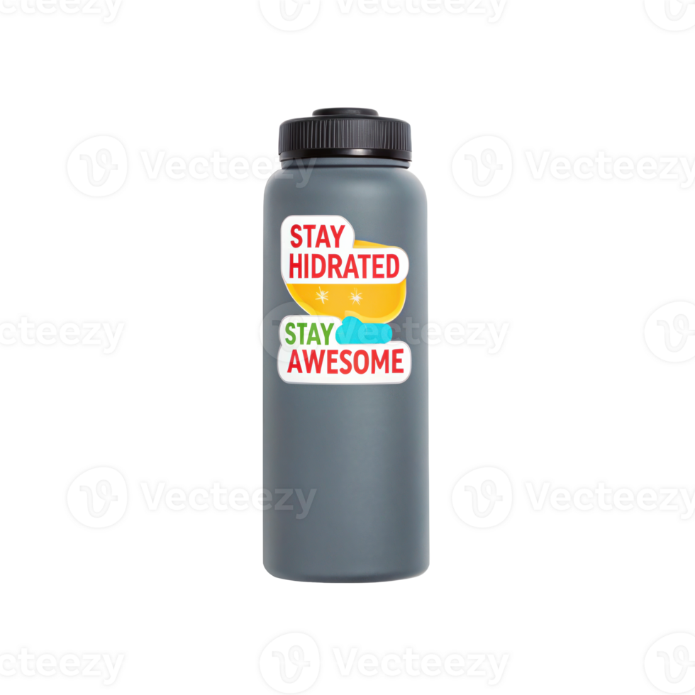 Gray reusable water bottle promoting hydration and awesomeness on transparent background png