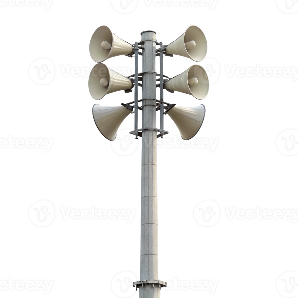 Outdoor tornado siren tower with speaker horns warning system on transparent background png
