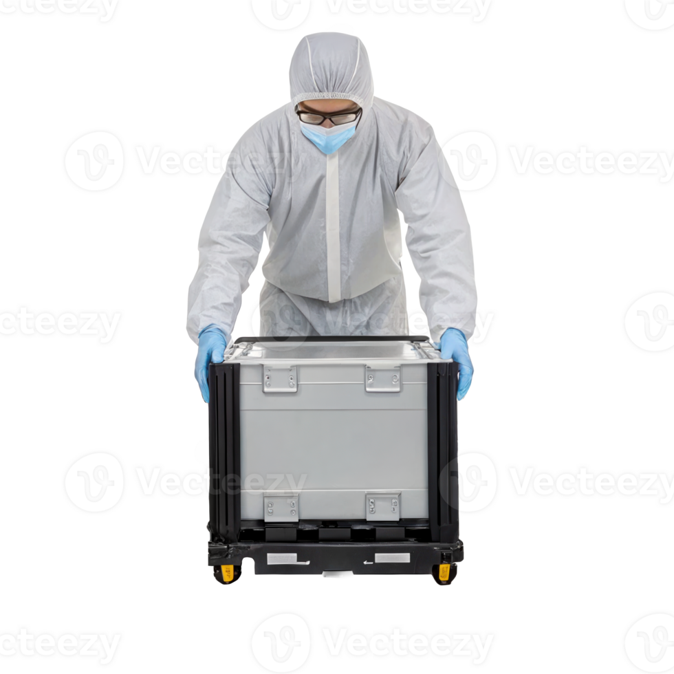 Technician wearing protective suit loading foup into track system on transparent background png