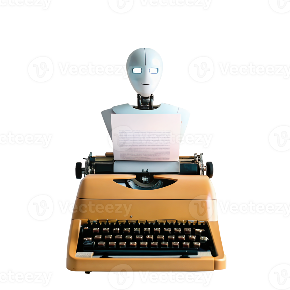 Humanoid robot using vintage typewriter creating content on transparent background png