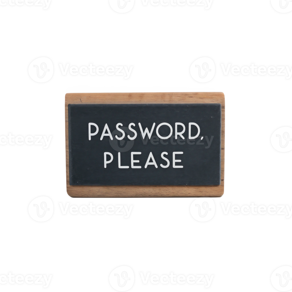 Password please sign on small chalkboard with wooden frame on transparent background png