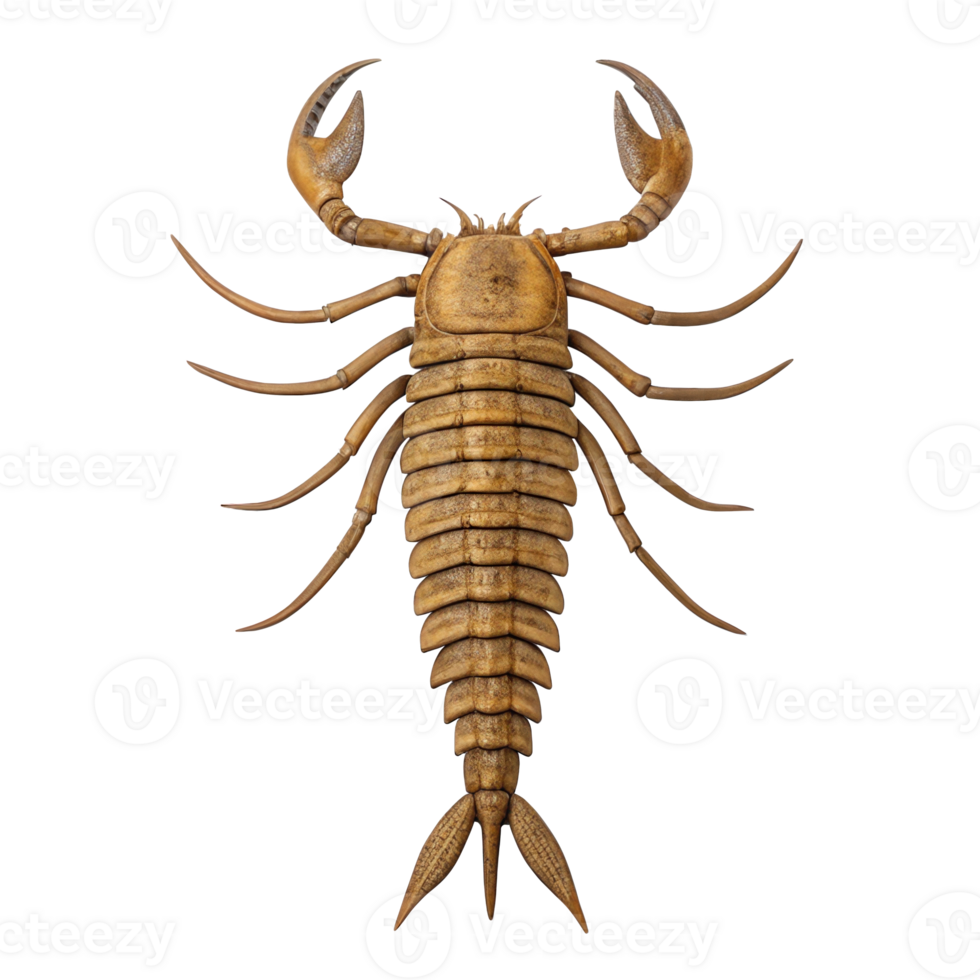 Eurypterus remipes fossil isolated on transparent background showing claws and segmented body png