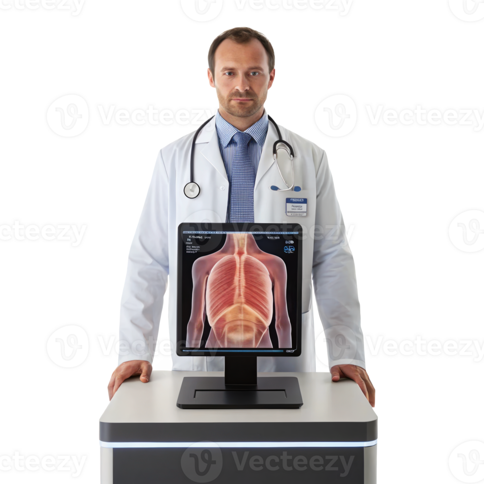 Doctor showing hologram of human body on transparent background png