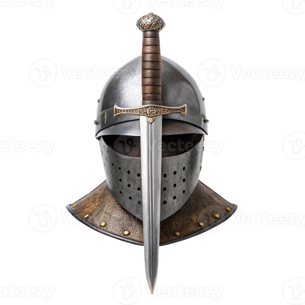 Medieval armet pierced by rondel dagger on transparent background png