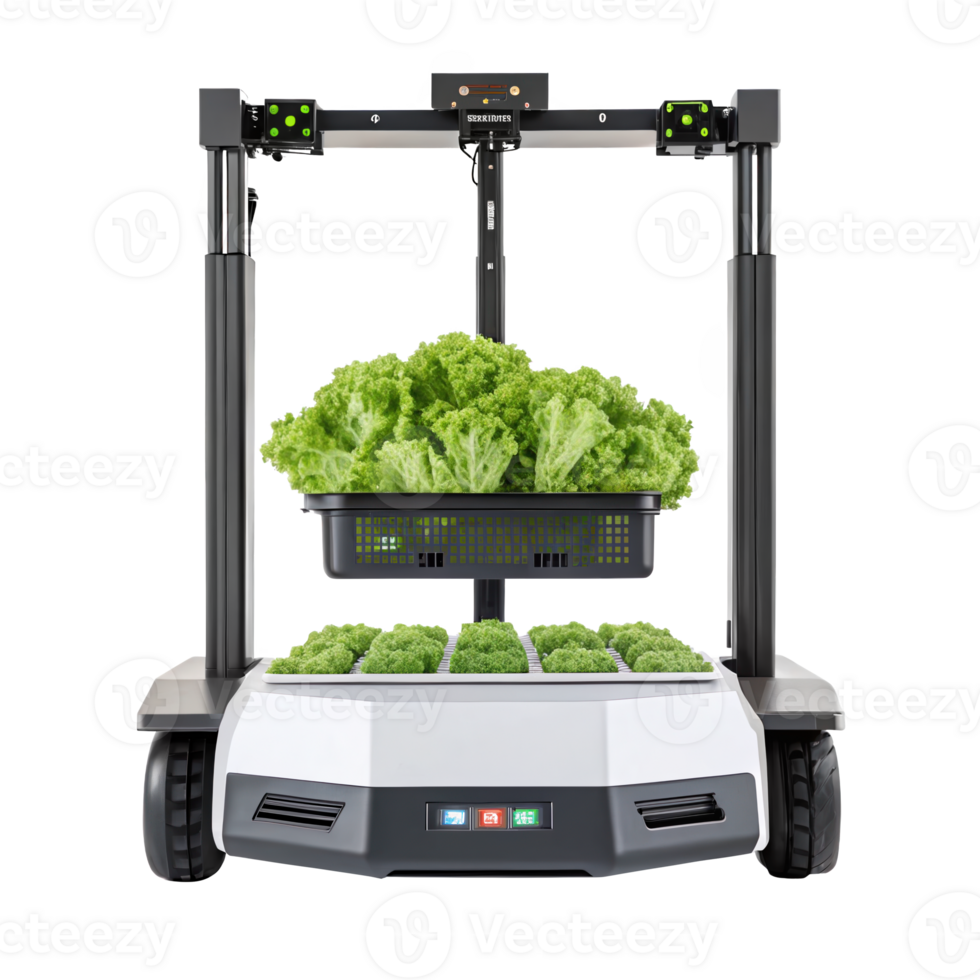 Automated farming robot lifting fresh lettuce in vertical farm on transparent background png