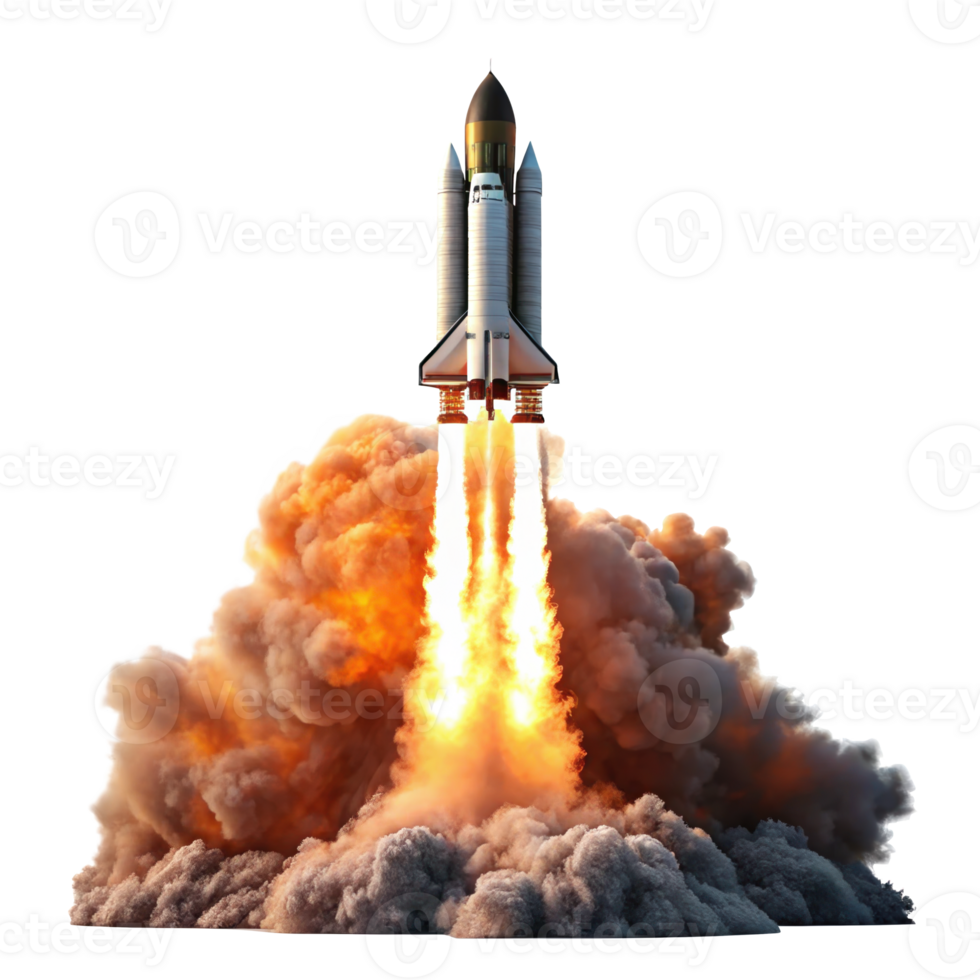 Space shuttle launching through clouds of smoke on transparent background png