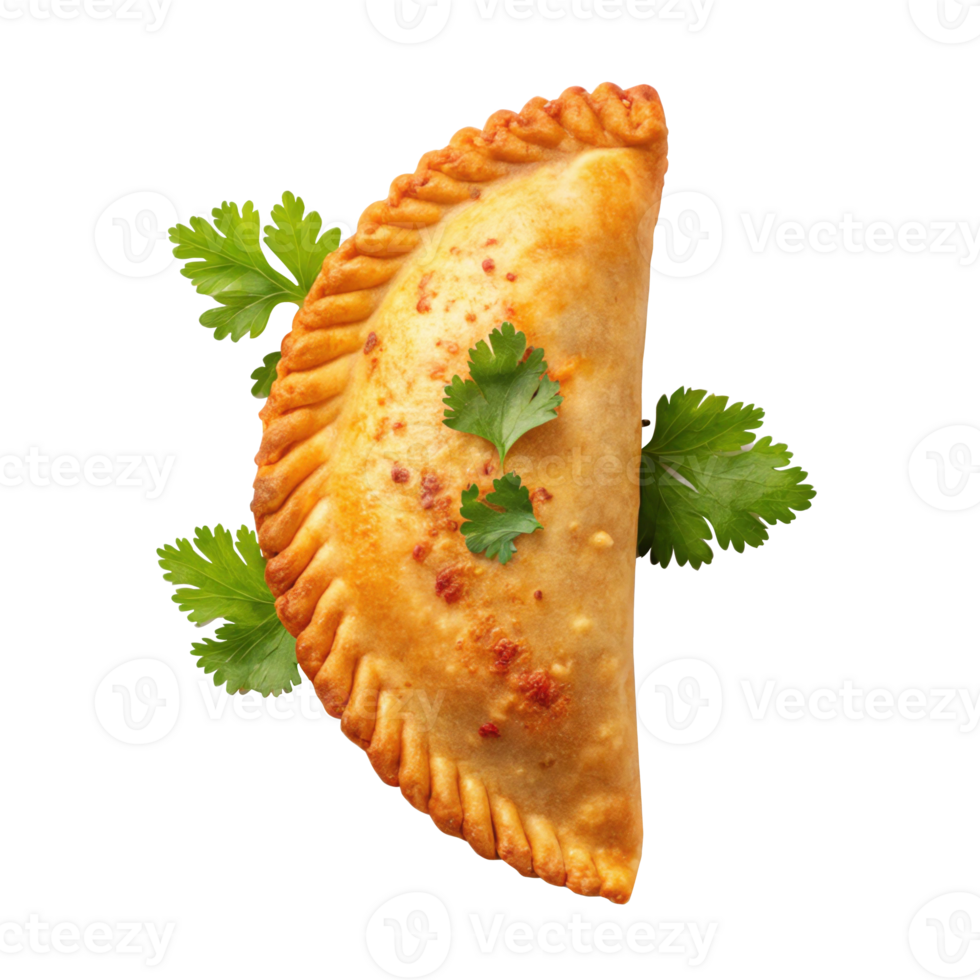 Piri piri jackfruit empanada isolated on transparent background with coriander garnish png