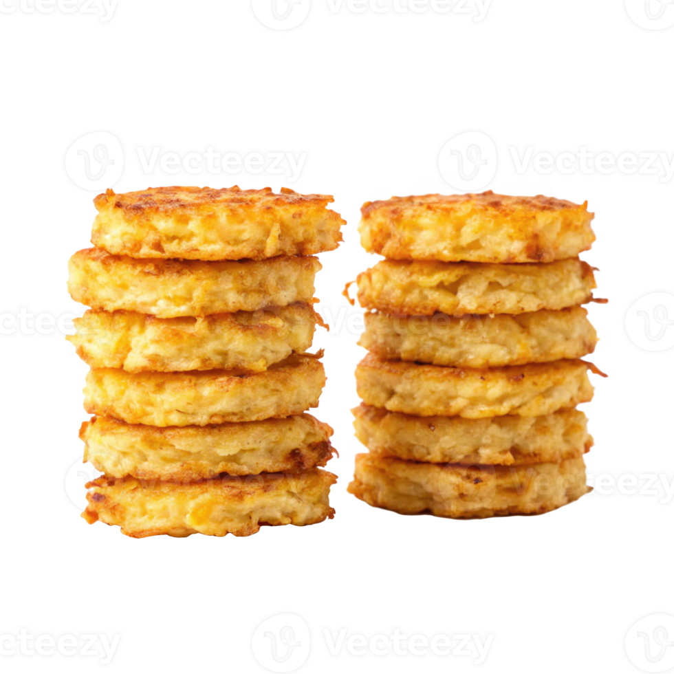 Two stacks of golden brown hash browns on transparent background png