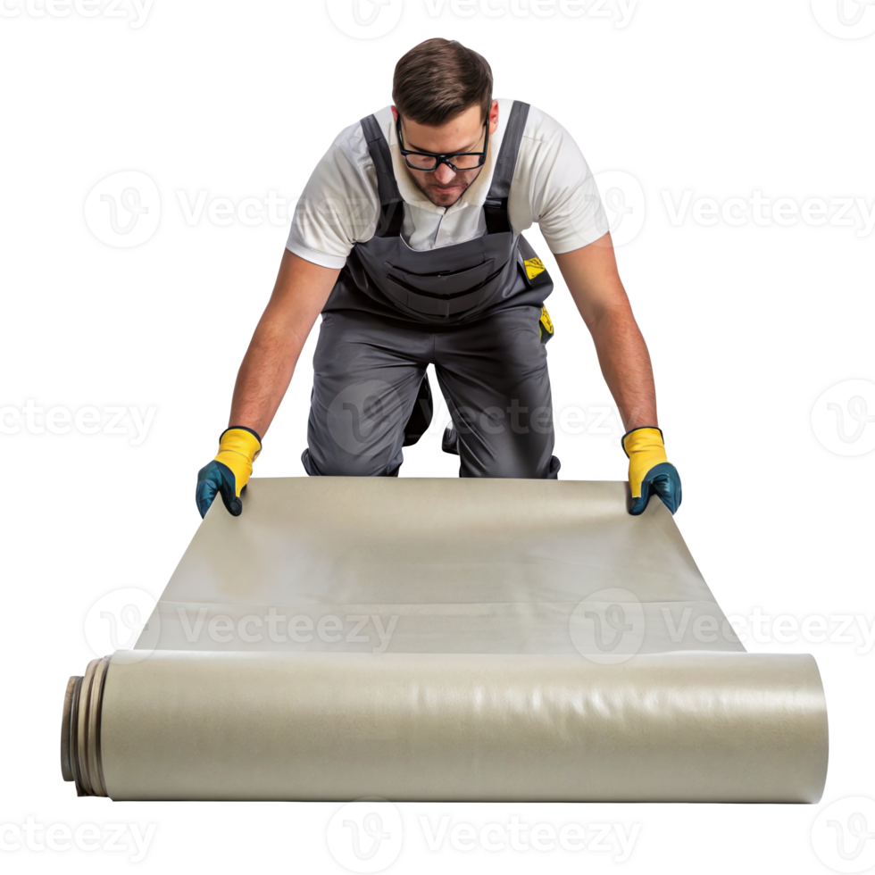 Technician unrolling composite material on transparent background png