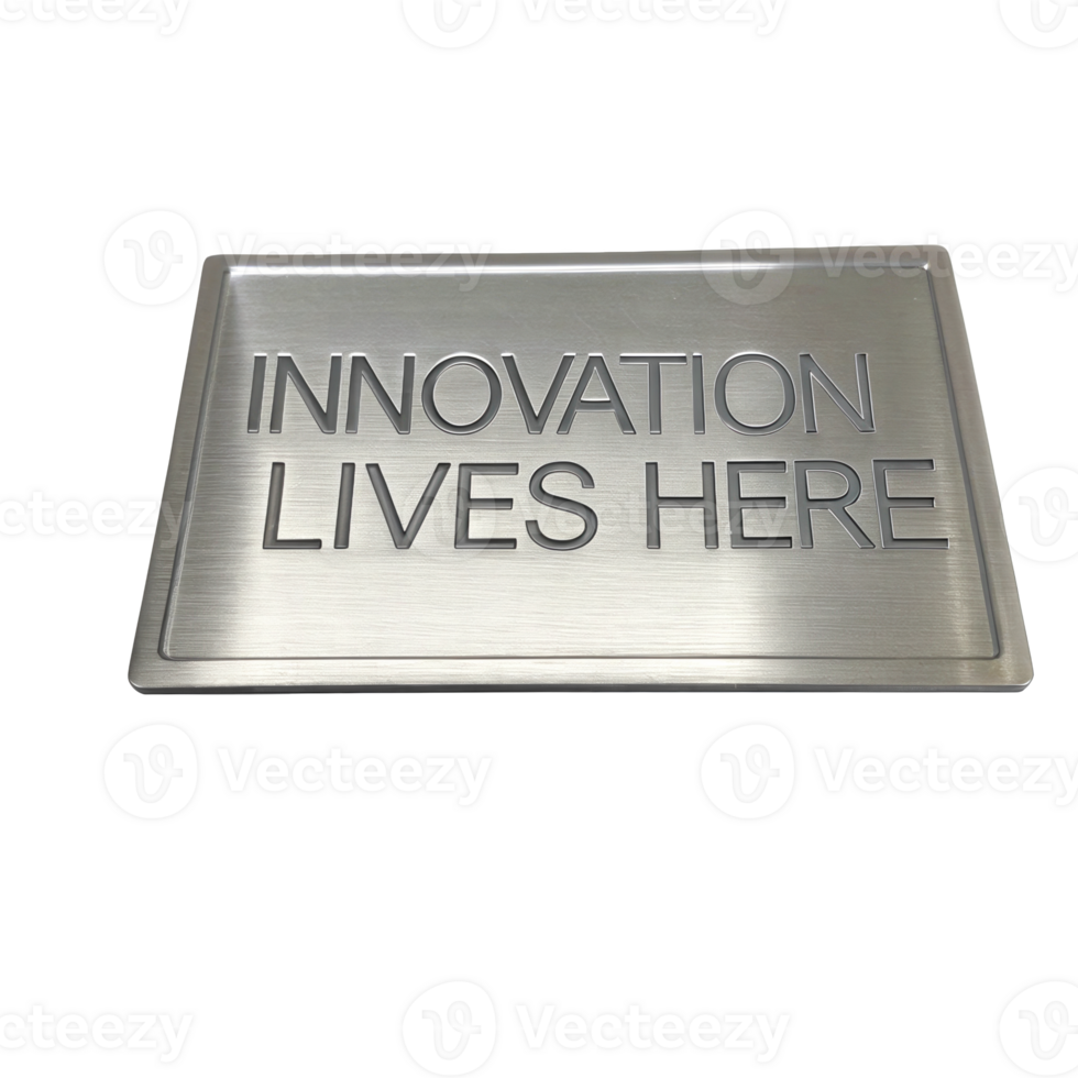 Brushed metal sign promoting innovation on transparent background png