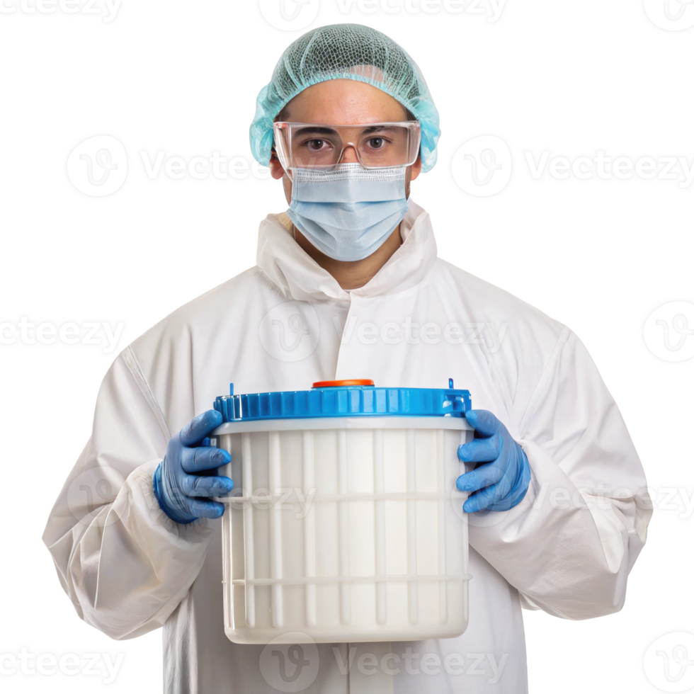 Biotechnologist harvesting bioreactor container on transparent background png