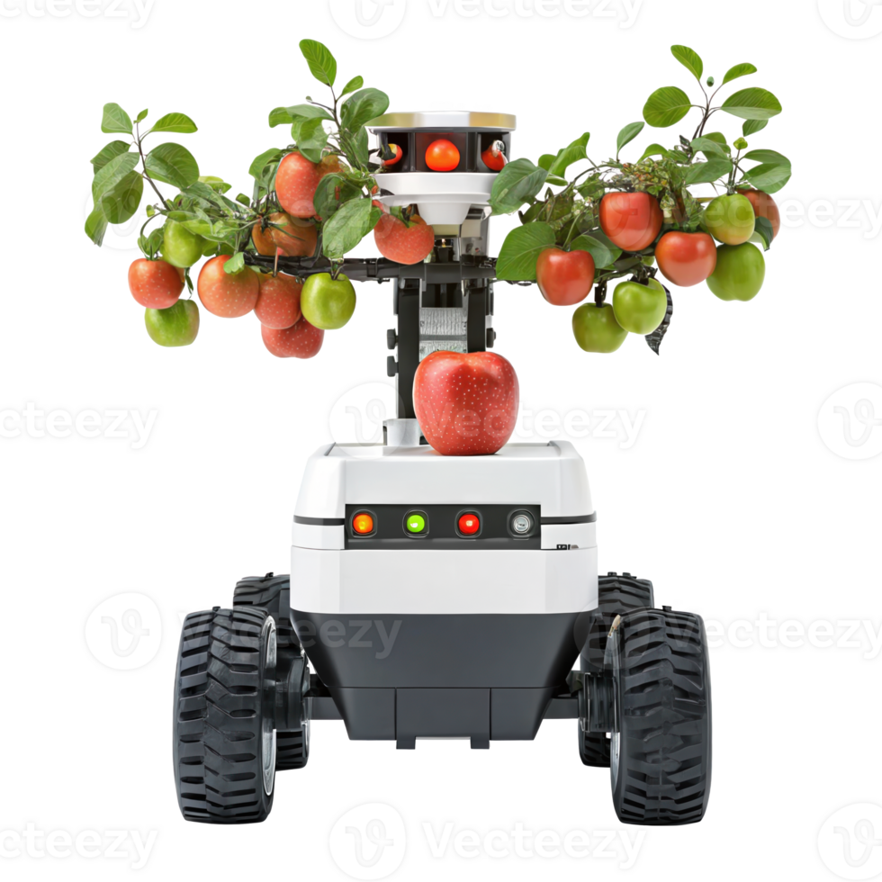 Autonomous orchard robot harvesting apples on transparent background png