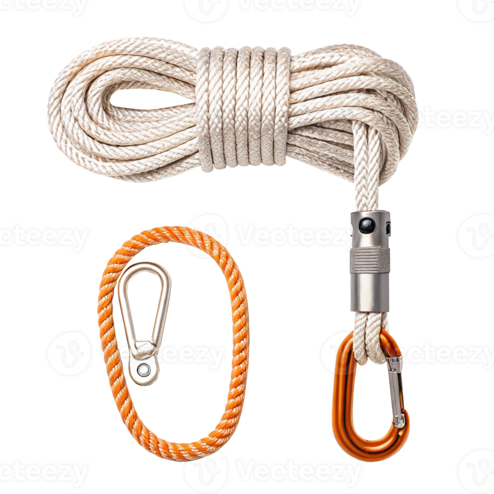 Bail out kit with escape rope, carabiner and sling on transparent background png
