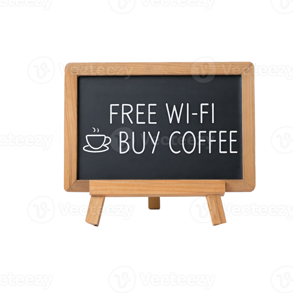Blackboard showing free wi fi buy coffee on transparent background png