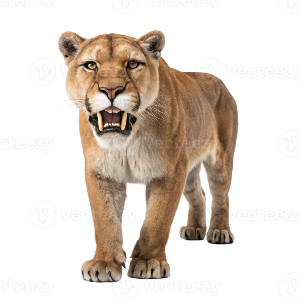 Smilodon saber toothed cat walking and showing teeth on transparent background png
