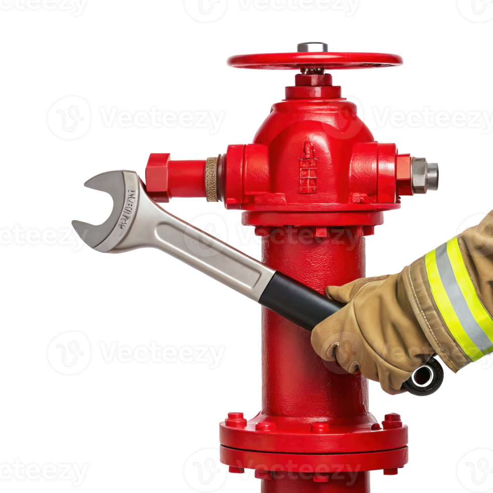 Firefighter using wrench on fire hydrant on transparent background png