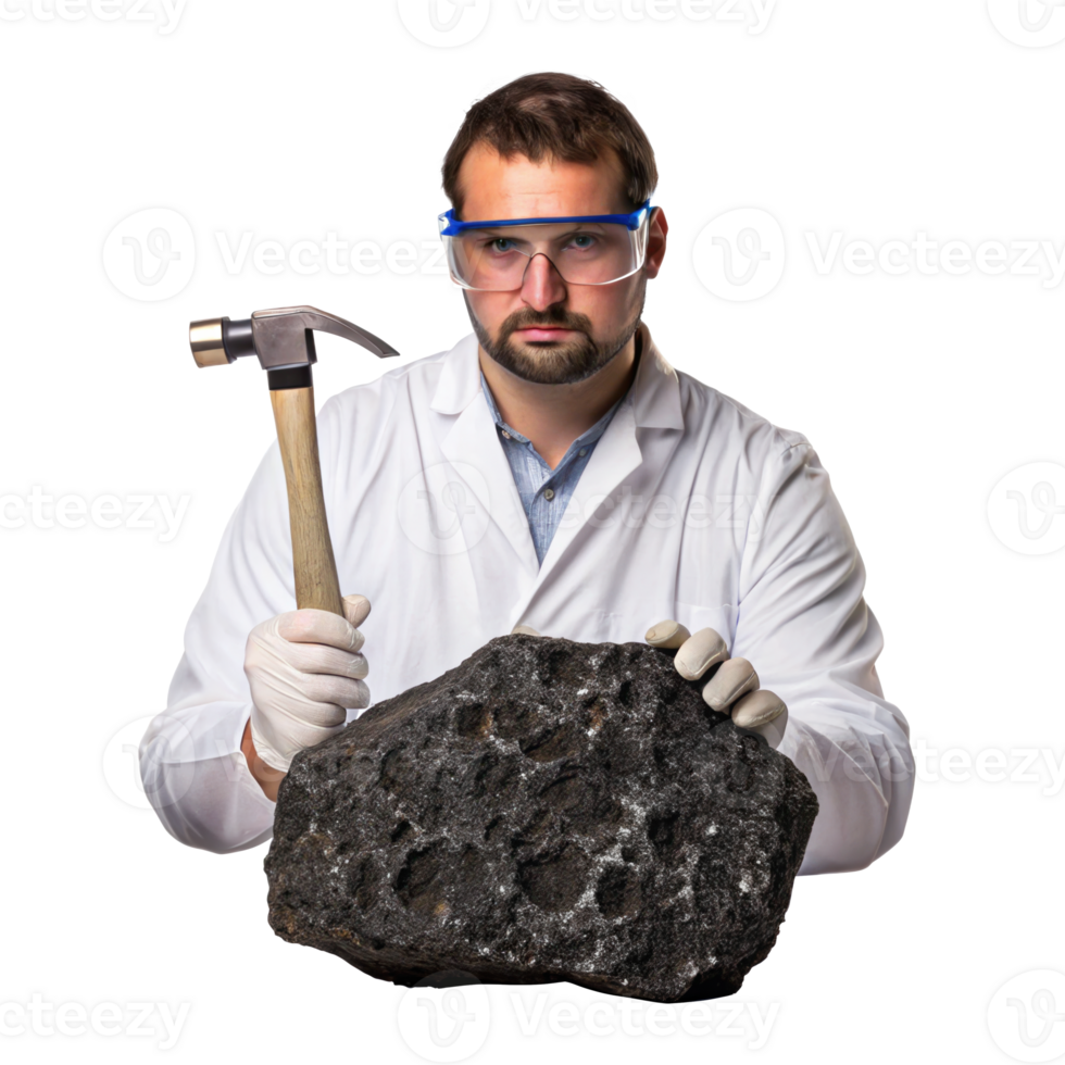 Geologist holding meteorite fragment and hammer on transparent background png