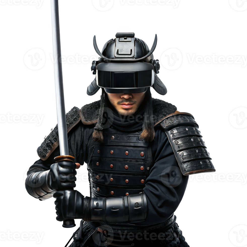 Samurai warrior wearing vr headset and holding katana on transparent background png