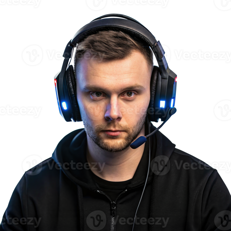 Esports commentator wearing reactive led headset on transparent background png