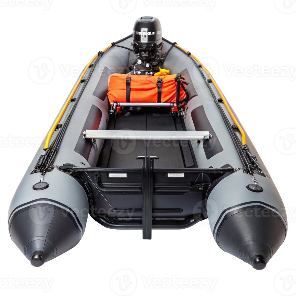 Inflatable rescue boat with outboard motor on transparent background png