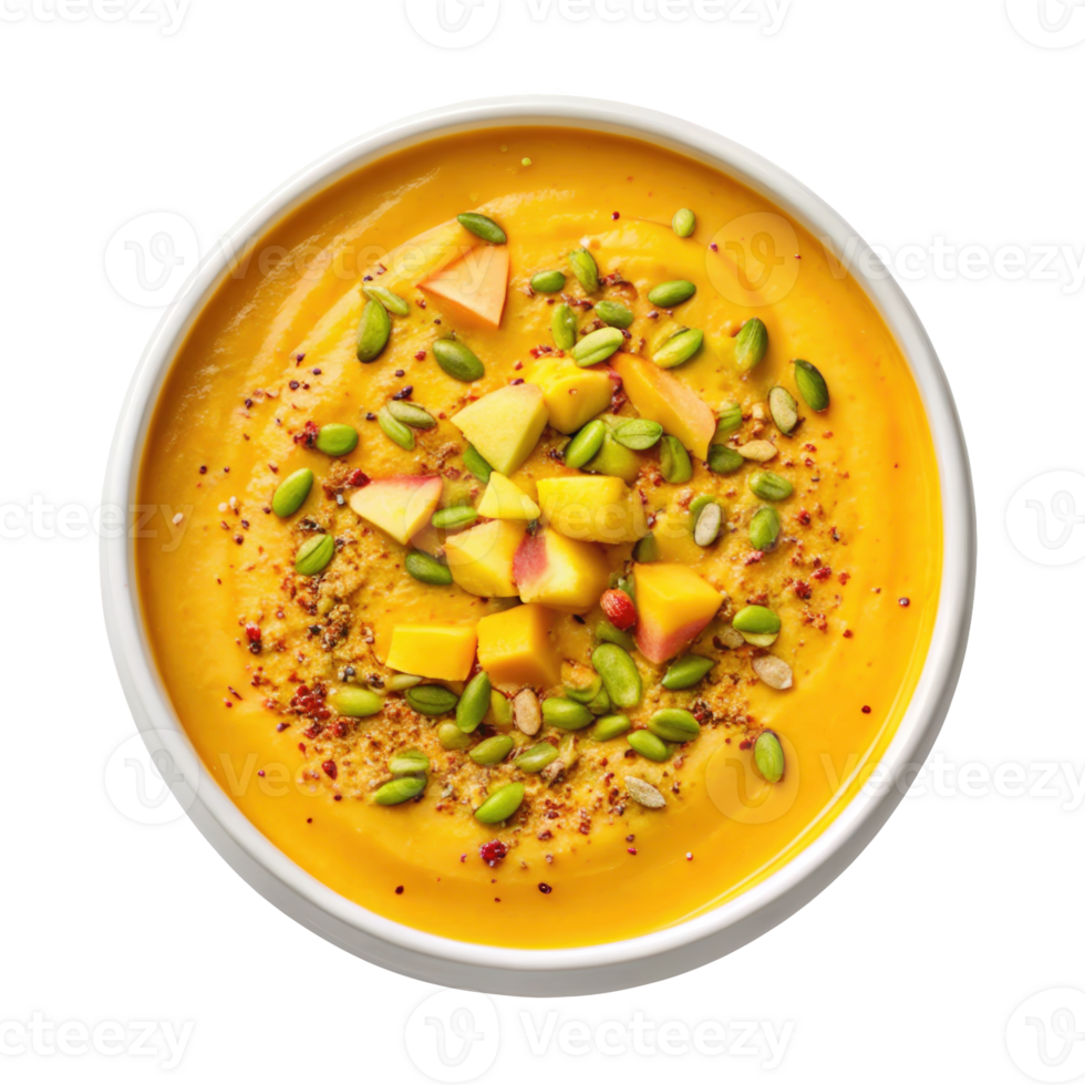 Saffron pistachio smoothie bowl garnished with peach, seeds and spices on transparent background png