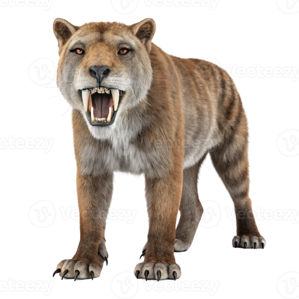 Thylacosmilus marsupial saber predator growling showing teeth on transparent background png