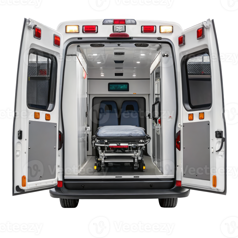 Modern ambulance with open doors showing interior on transparent background png